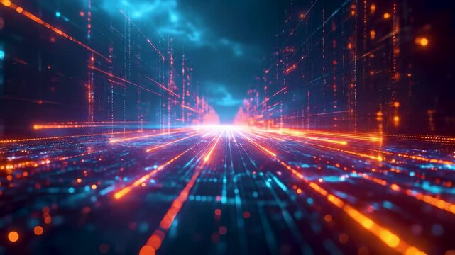 Bright glowing network lines representing high-speed data transfer in the cloud, with vibrant purple, blue, and orange light trails converging toward a central point, symbolizing digital connectivity.