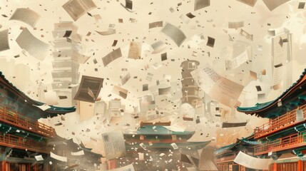 A serene scene of traditional architecture amidst a flurry of flying papers.