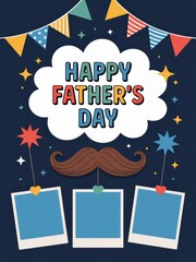 Father's Day Card Design With Mustache Flags And Empty Photo Frames For Mockup