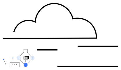 Cloud-shaped outline connected to a flowchart-thumbs up diagram with nodes and data exchange visuals. Ideal for technology, computing, networking, storage, innovation, communication, digital