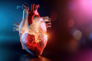 Transparent human heart model with glowing arteries and veins, illuminated with blue and pink light, showing detailed anatomy