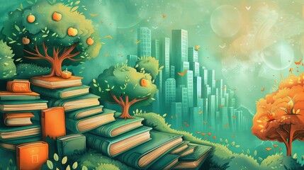 A whimsical landscape featuring oversized books, trees, and a futuristic city skyline.
