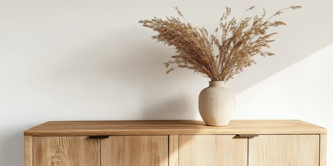 Light oak wood cabinet with beige vase holding dried pampas grass against a white wall, bathed in sunlight