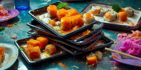 Fototapeta premium Stack of sushi trays with orange fish roe and ginger on messy table showing leftover food and vibrant colors