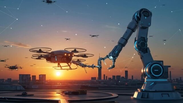 Drones and robotic arm at sunset cityscape