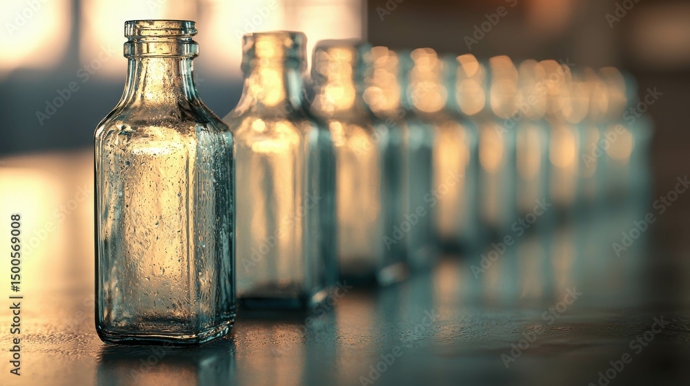 Poster glass bottles in a row with soft focus and warm light creating an artistic and inviting atmosphere f