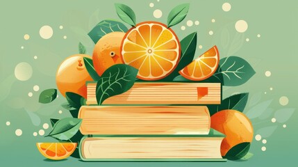 A vibrant illustration of stacked books adorned with oranges and leaves.