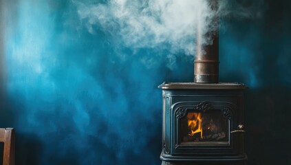 Dark teal wall backdrop features a wood-burning stove with visible flames, emitting smoke from its chimney; rustic ambiance
