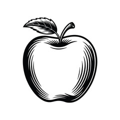 Engraved Style Apple Illustration with Leaf and Stem on White Background