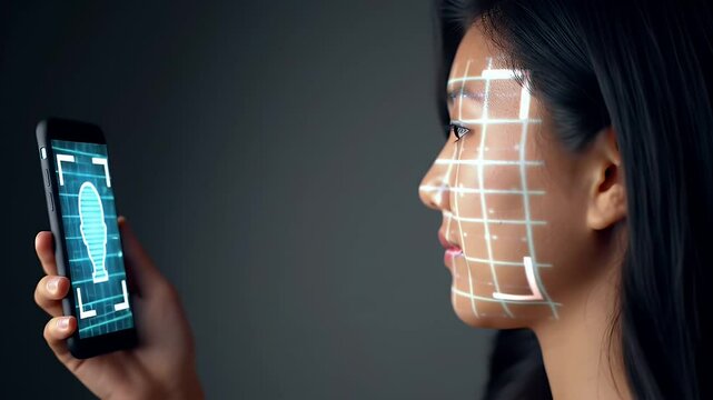 Young Woman Profile Face Scan Authentication through Mobile App with Biometric Grids over Face and Dark Background - Powered by Adobe