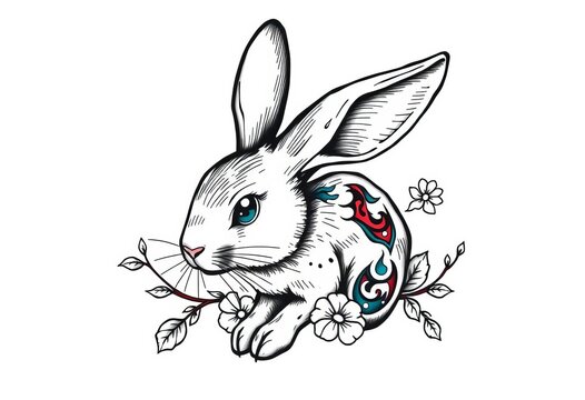 Hand-drawn rabbit tattoo design, traditional style, vector illustration, mythological, legend