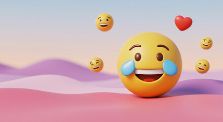 Fototapeta premium Delightful 3D Render of a Crying with Laughter Emoji Surrounded by Happy Emojis and a Heart, Set Against a Soft Pink and Purple Background