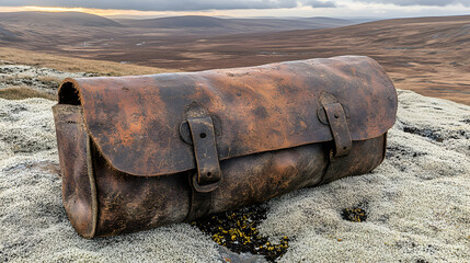 Rustic leather bag on a mossy outcrop in a tranquil landscape background