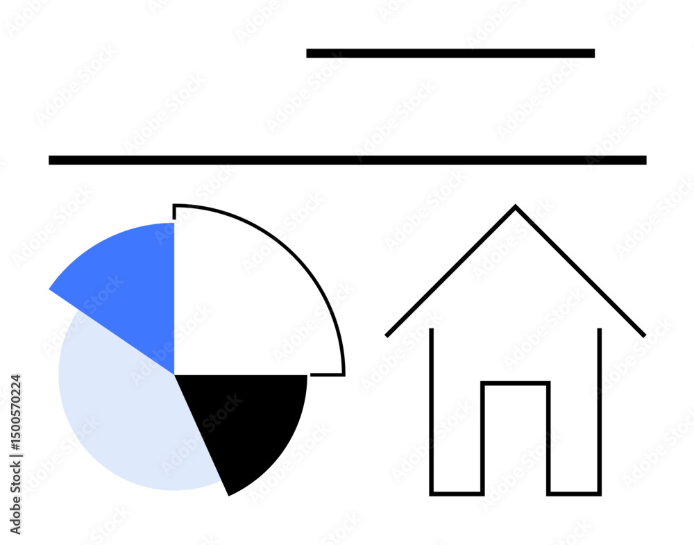 Poster pie chart with colorful sections and simple house outline framed by horizontal lines. ideal for real