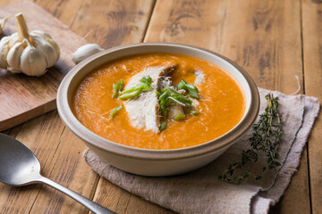 Tomato Bisque Soup with Cream and Fish