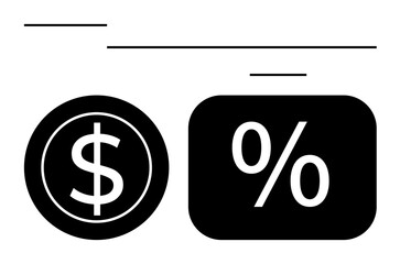 Black dollar sign in circular frame and percentage symbol in rectangular box, emphasizing currency, finance, or percentage-based calculations. Ideal for banking, finance, pricing, investment, loan