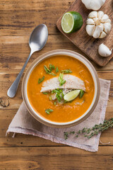 Tomato Bisque Soup with Cream and Fish