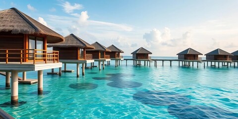 Fototapeta premium Luxury Maldivian overwater bungalows, turquoise water, scenic vista, exotic, dream