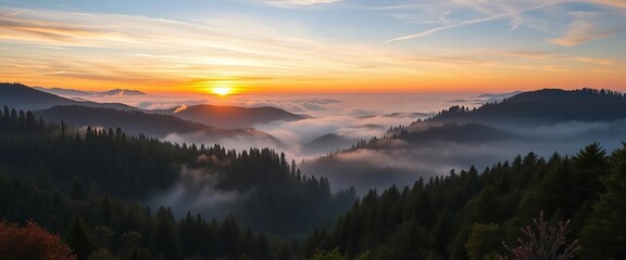 Obraz premium Misty sunrise paints rolling, forested ridges, deep valleys shrouded in fog, image, photography