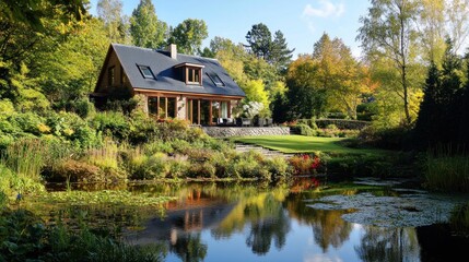 Obraz premium Idyllic lakeside residence with picturesque landscaping and tranquil water views