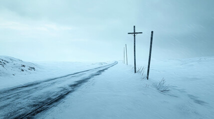 Fototapeta premium Snowy Roadway with Telephone Poles in Minimalist Landscape Under Overcast Sky Capturing Winter's Chill and Isolation in Frozen Environment