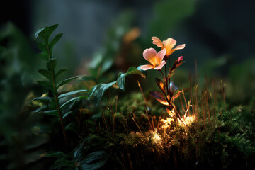Glowing single flower with soft orange petals grows on moss surrounded by green leaves in dark, serene forest scene
