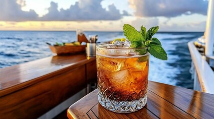 Sunset cocktail on a yacht deck, with a view of the ocean