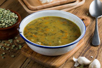 Soup with green pea, served Dried green peas