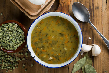 Soup with green pea, served Dried green peas
