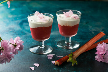 Layered rhubarb and  cream dessert