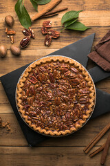 Fall traditional pies  pecan crumble pie overhead shot