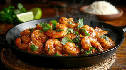 Fototapeta premium Sizzling Shrimp Dish with Fresh Herbs, Rice, and Lime in Cast Iron Pan on Rustic Wooden Tabletop