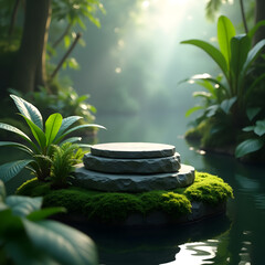 A serene scene showcasing a circular stone pedestal surrounded by lush tropical plants and tranquil water in a jungle setting.
