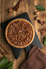 Fall traditional pies  pecan crumble pie overhead shot