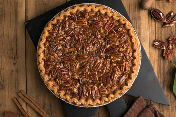 Fall traditional pies  pecan crumble pie overhead shot