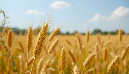 Fototapeta premium Close-Up View of Golden Wheat Ears Against a Clear Blue Sky in a Rolling Field During a Sunny Day