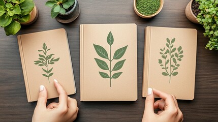 Three notebooks with leaf designs on a wooden table, hands holding the notebooks.  Surrounded by potted plants