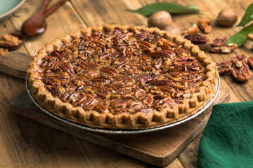 Fall traditional pies  pecan crumble pie overhead shot