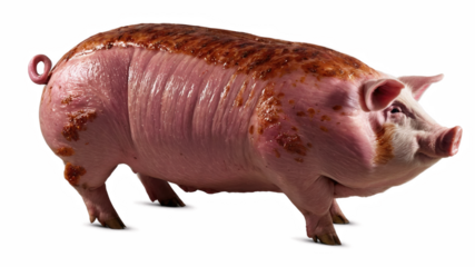 A plump pig with a reddish-pink hue and brown speckled markings.