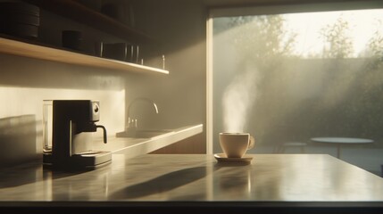 Sunlit kitchen interior with coffee machine and steaming cup.