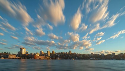 City skyline at sunset, dramatic clouds