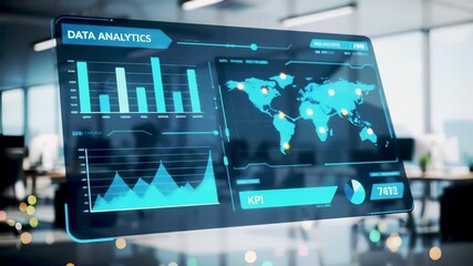 Futuristic interface showing real time data analytics with digital charts, global KPI metrics, world map, and business intelligence dashboards in a modern office environment. - Powered by Adobe