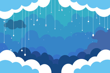 Horizontal background with clouds and strings of drops, rain in blue colors. Environment, illustration of cloudy sky. Flat design.