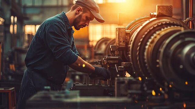 while a focused worker repairs industrial equipment with safety tools in a busy factory