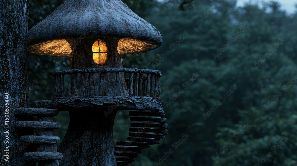 Poster enchanted treehouse at night with soft glow from window surrounded by lush green forest and mysterio