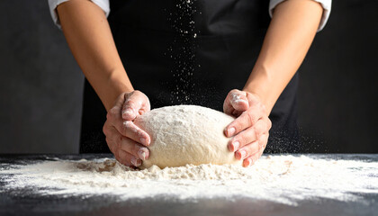 Obraz premium Hands kneading dough with flour on table and falling flour powder, close up of baker preparing bread dough in kitchen, cooking process with flour dust and soft dough ball