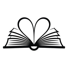 Open book with heart shaped pages black and white vector illustration