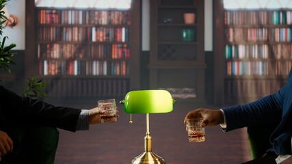 Old money gentlemen clinking bourbon glasses and toasting for their celebration after negotiations at the social club, ending the meeting over whiskey as the elite high society. Close up. Camera A.