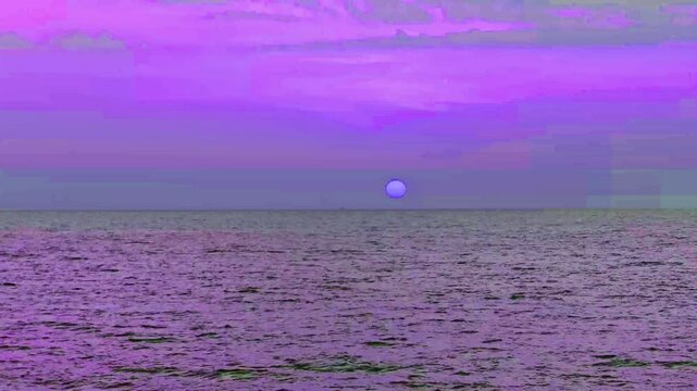 Beautiful Sunset on lavender sea water horizon n calm ocean wave on cloudy Purple violet sky, pastel pink cloud or rain storm cloudscape in tropical summer sunlight n sun ray, Stop motion 4k TimeLapse