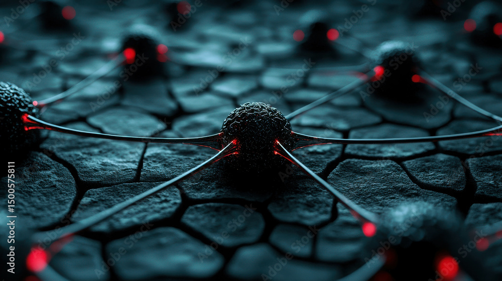 Poster intricate network of glowing nodes on a dark surface with textured cracks and illuminating red light